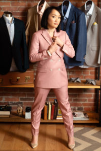 9 Tailors owner samantha shih in pink business suit photographed by boston photographer nicole loeb